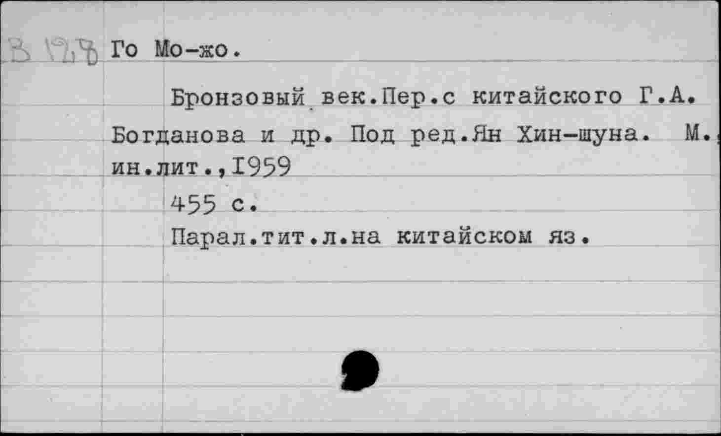 ﻿Го Мо-жо.
Бронзовый век.Пер.с китайского Г.А.
Богданова и др. Под ред.Ян Хин-шуна. М. ин.лит.,1959
455 с.
Парал.тит.л.на китайском яз.